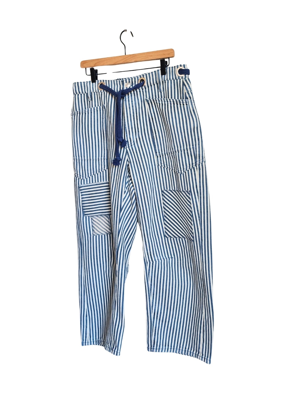 Free People Moxie Railroad Low-Slung Jeans Blue Stripe Patchwork Utility Size 30 - Picture 7 of 16